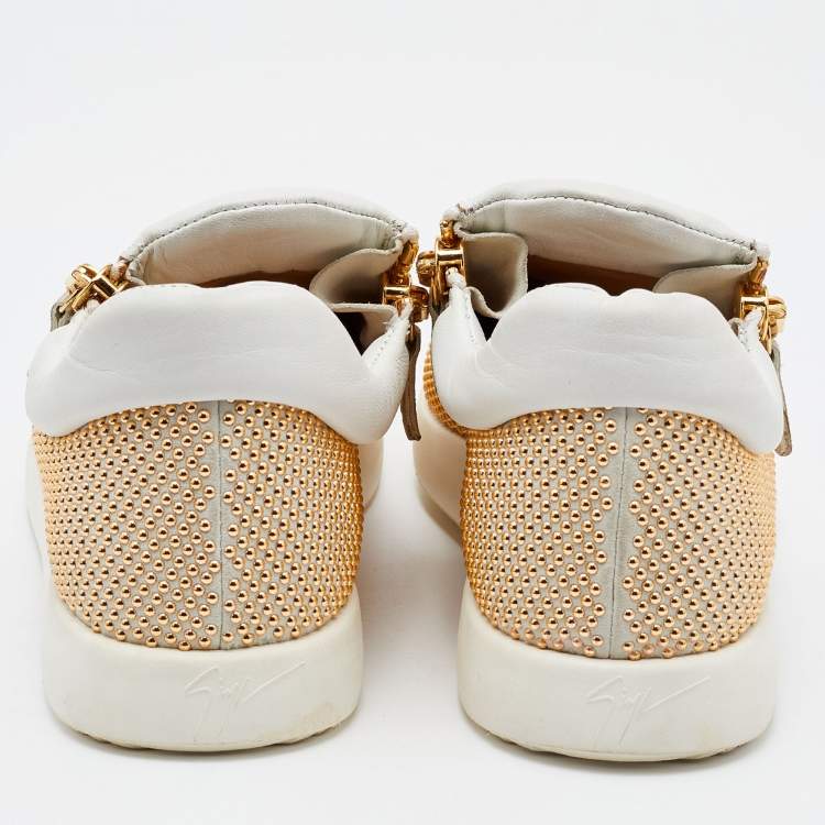 Pre Owned Giuseppe Zanotti White/Gold Studded Leather May London Slip On Sneakers Size 38