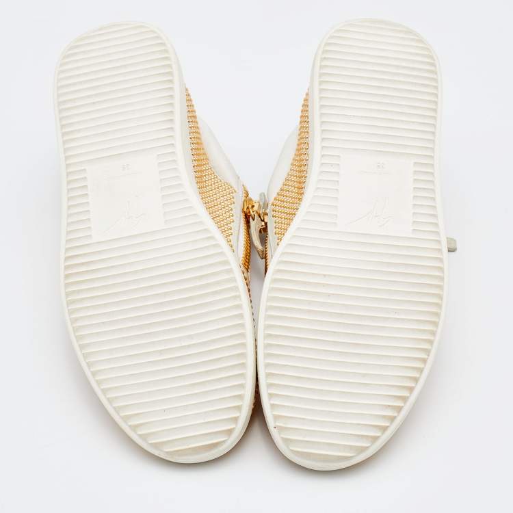 Pre Owned Giuseppe Zanotti White/Gold Studded Leather May London Slip On Sneakers Size 38