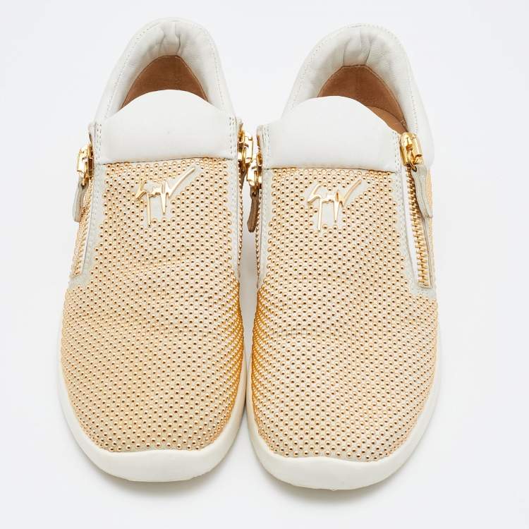 Pre Owned Giuseppe Zanotti White/Gold Studded Leather May London Slip On Sneakers Size 38