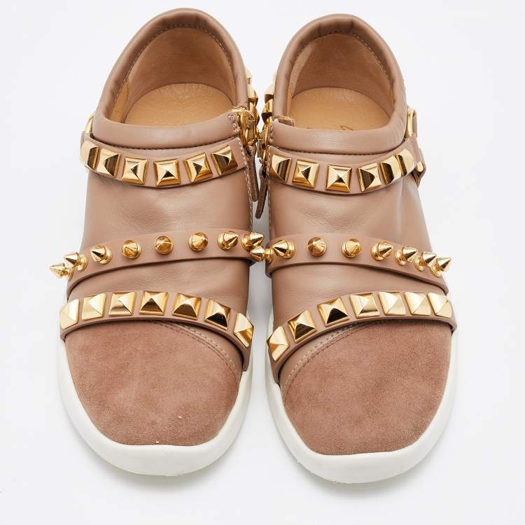 Pre Owned Giuseppe Zanotti Beige Suede Stud Embellished Slip On Sneakers Size 37