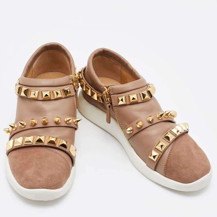 Pre Owned Giuseppe Zanotti Beige Suede Stud Embellished Slip On Sneakers Size 37