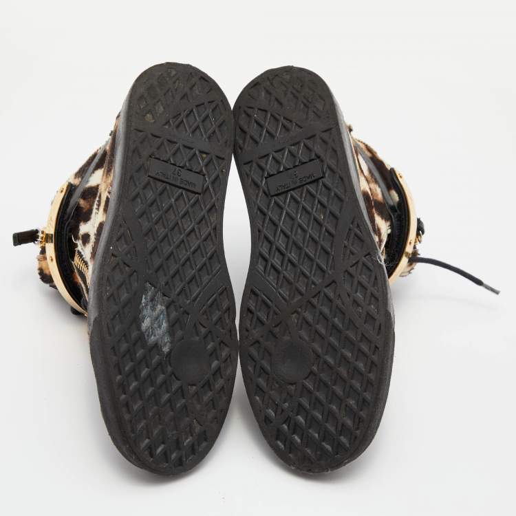 Pre Owned Giuseppe Zanotti Brown/Black Leopard Print Calfhair Lace Up High Top Sneakers 37