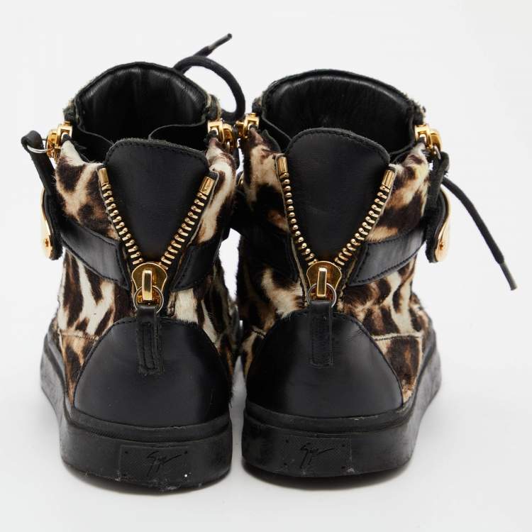 Pre Owned Giuseppe Zanotti Brown/Black Leopard Print Calfhair Lace Up High Top Sneakers 37