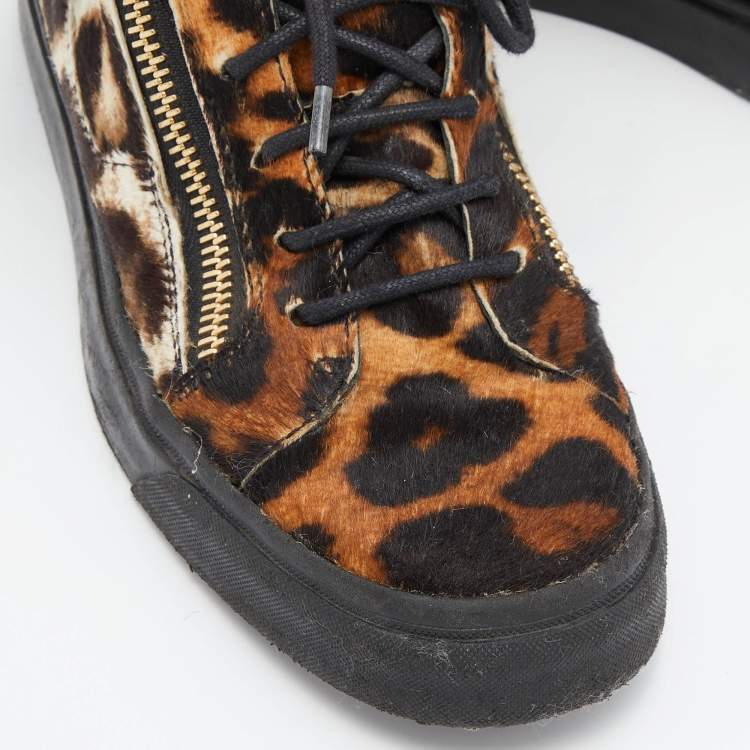 Pre Owned Giuseppe Zanotti Brown/Black Leopard Print Calfhair Lace Up High Top Sneakers 37