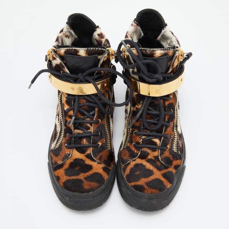 Pre Owned Giuseppe Zanotti Brown/Black Leopard Print Calfhair Lace Up High Top Sneakers 37