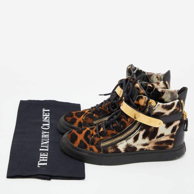 Pre Owned Giuseppe Zanotti Brown/Black Leopard Print Calfhair Lace Up High Top Sneakers 37