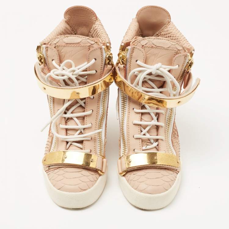 Pre Owned Giuseppe Zanotti Peach Pink Python Embossed Leather Coby Wedge Sneakers Size 38