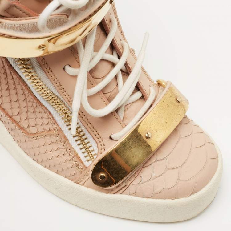 Pre Owned Giuseppe Zanotti Peach Pink Python Embossed Leather Coby Wedge Sneakers Size 38