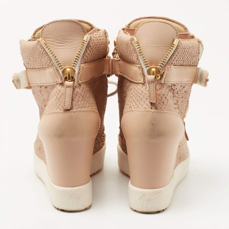 Pre Owned Giuseppe Zanotti Peach Pink Python Embossed Leather Coby Wedge Sneakers Size 38