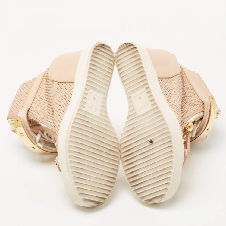 Pre Owned Giuseppe Zanotti Peach Pink Python Embossed Leather Coby Wedge Sneakers Size 38