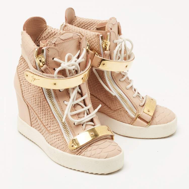 Pre Owned Giuseppe Zanotti Peach Pink Python Embossed Leather Coby Wedge Sneakers Size 38