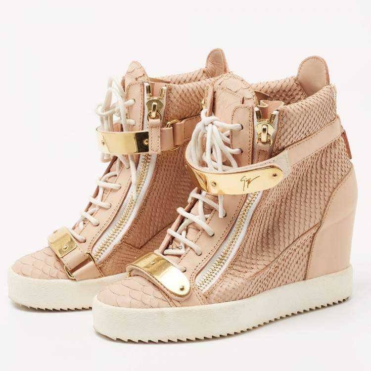 Pre Owned Giuseppe Zanotti Peach Pink Python Embossed Leather Coby Wedge Sneakers Size 38
