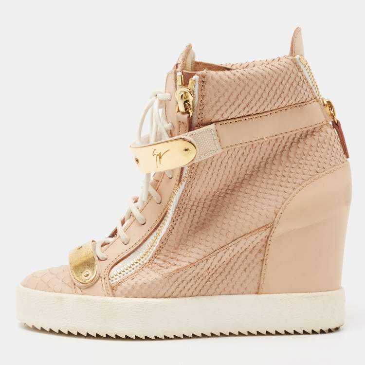Giuseppe Zanotti Peach Pink Python Embossed Leather Coby Wedge Sneakers ...