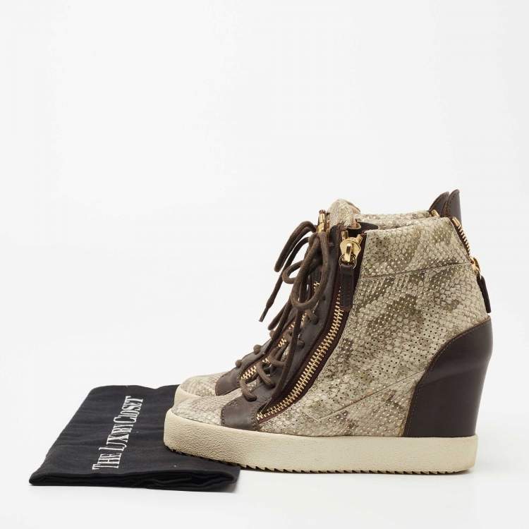 Pre Owned Giuseppe Zanotti Beige/Brown Embossed Python and Leather High Top Wedge Sneakers Size 38