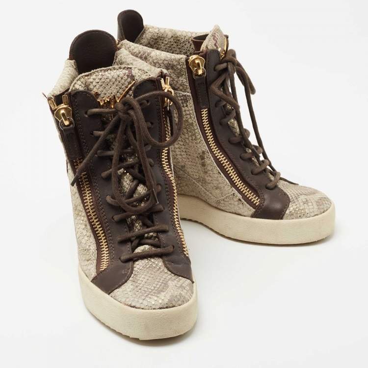 Pre Owned Giuseppe Zanotti Beige/Brown Embossed Python and Leather High Top Wedge Sneakers Size 38