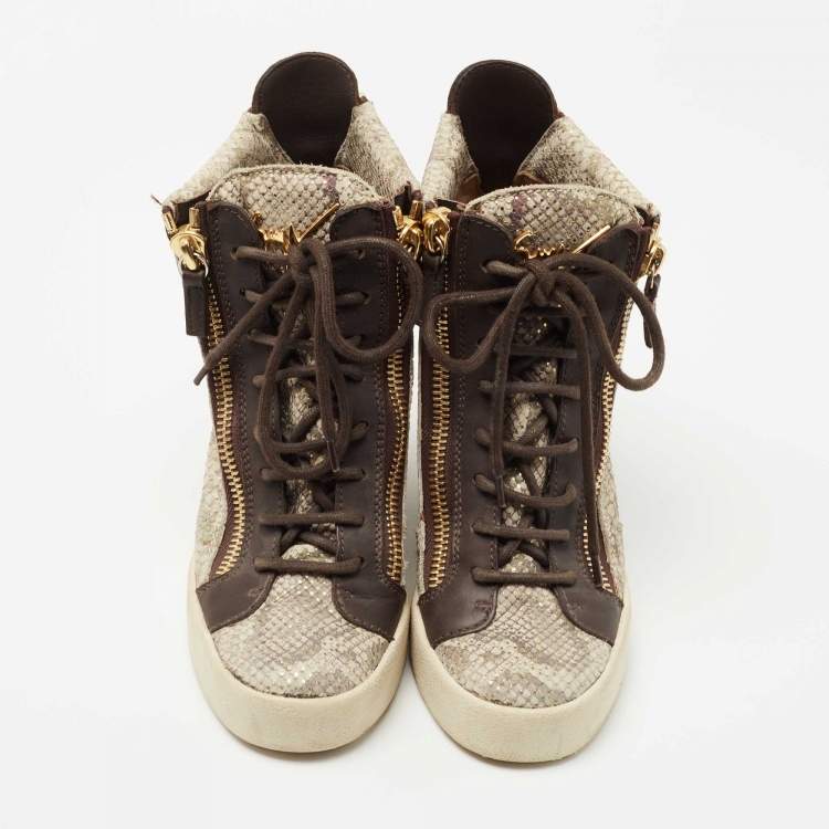 Pre Owned Giuseppe Zanotti Beige/Brown Embossed Python and Leather High Top Wedge Sneakers Size 38