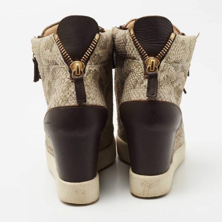Pre Owned Giuseppe Zanotti Beige/Brown Embossed Python and Leather High Top Wedge Sneakers Size 38