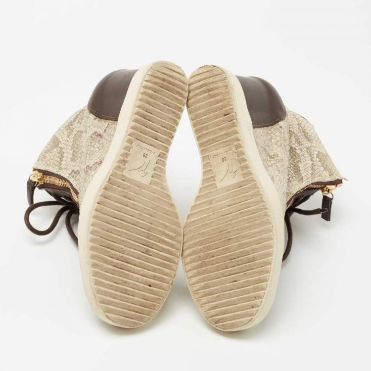 Pre Owned Giuseppe Zanotti Beige/Brown Embossed Python and Leather High Top Wedge Sneakers Size 38