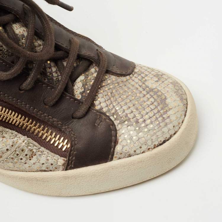 Pre Owned Giuseppe Zanotti Beige/Brown Embossed Python and Leather High Top Wedge Sneakers Size 38