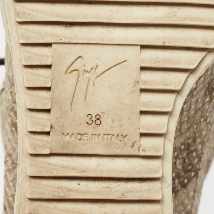 Pre Owned Giuseppe Zanotti Beige/Brown Embossed Python and Leather High Top Wedge Sneakers Size 38