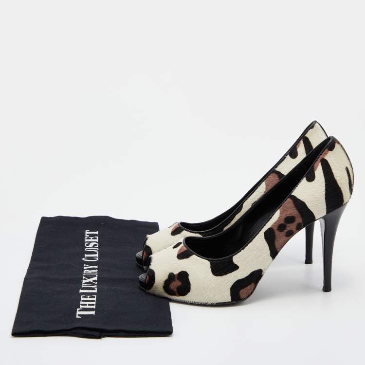 Pre Owned Giuseppe Zanotti Tri Color Leopard Print Calf Hair Peep Toe Pumps Size 40