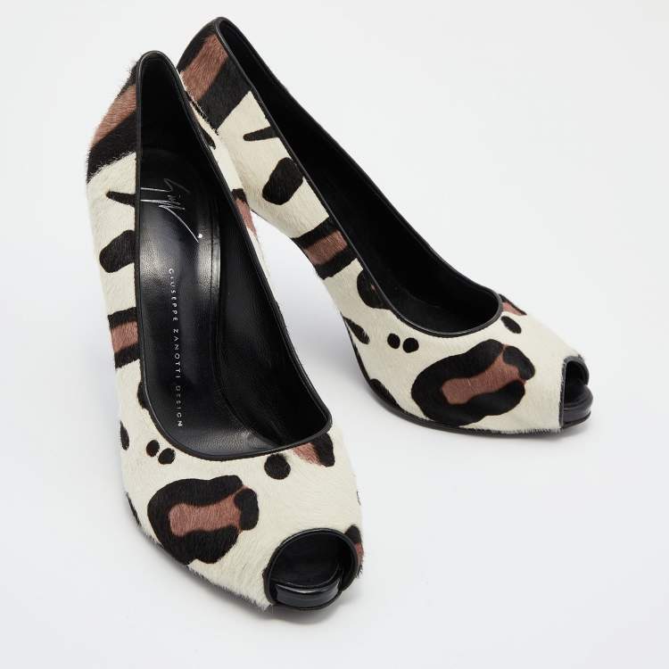 Pre Owned Giuseppe Zanotti Tri Color Leopard Print Calf Hair Peep Toe Pumps Size 40