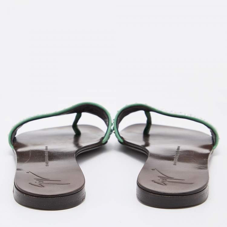 Pre Owned Giuseppe Zanotti Green Suede Leather Crystal Embellished Flat Slides Size 36.5