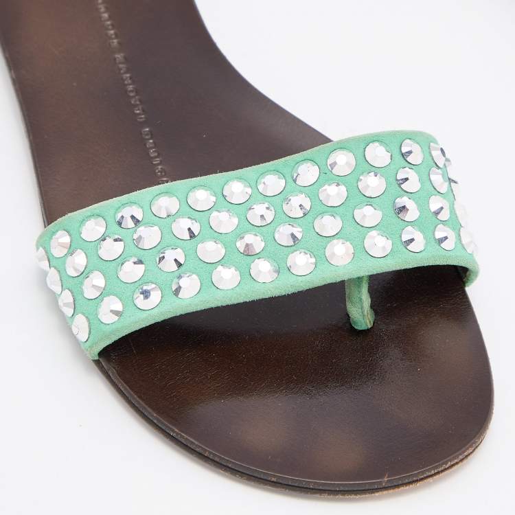 Pre Owned Giuseppe Zanotti Green Suede Leather Crystal Embellished Flat Slides Size 36.5