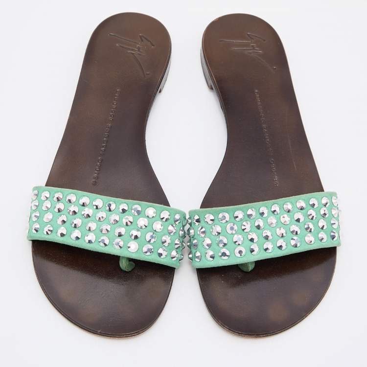 Pre Owned Giuseppe Zanotti Green Suede Leather Crystal Embellished Flat Slides Size 36.5