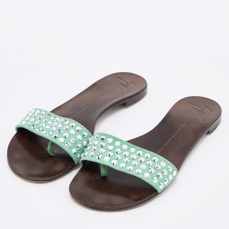 Pre Owned Giuseppe Zanotti Green Suede Leather Crystal Embellished Flat Slides Size 36.5