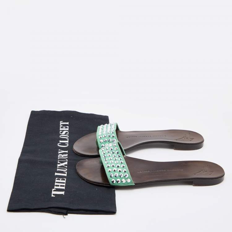 Pre Owned Giuseppe Zanotti Green Suede Leather Crystal Embellished Flat Slides Size 36.5