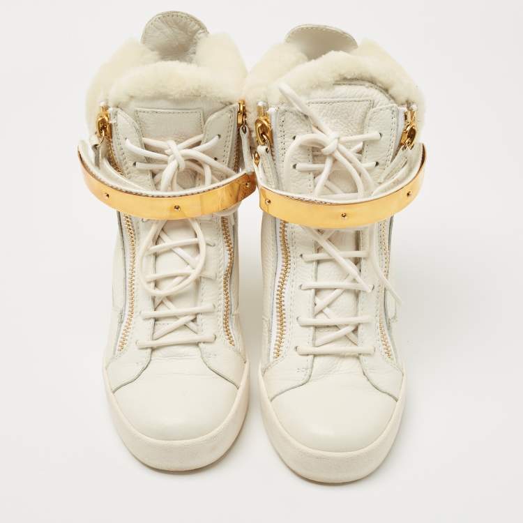 Pre Owned Giuseppe Zanotti White Leather Chain Detail Tumbled Wedge Sneakers Size 42