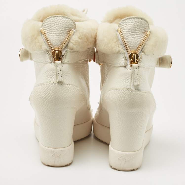 Pre Owned Giuseppe Zanotti White Leather Chain Detail Tumbled Wedge Sneakers Size 42