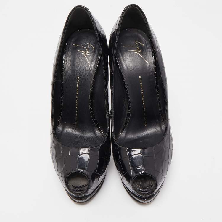 Pre Owned Giuseppe Zanotti Black Patent Croc Embossed Sharon Platform Peep Toe Pumps Size 37.5