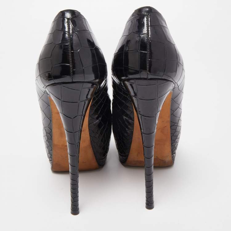 Pre Owned Giuseppe Zanotti Black Patent Croc Embossed Sharon Platform Peep Toe Pumps Size 37.5