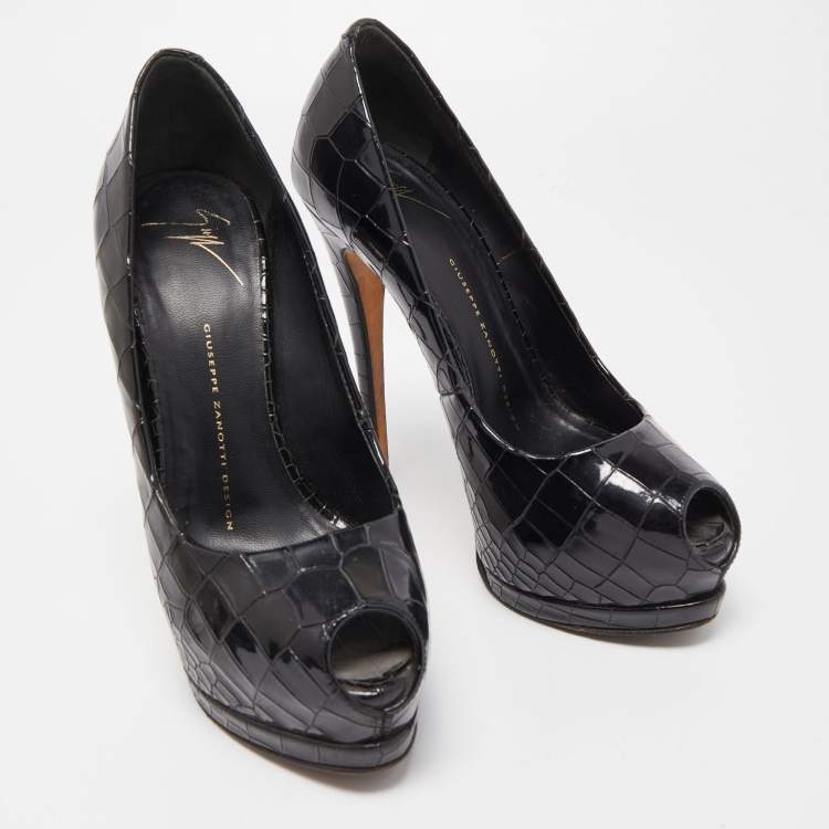 Pre Owned Giuseppe Zanotti Black Patent Croc Embossed Sharon Platform Peep Toe Pumps Size 37.5