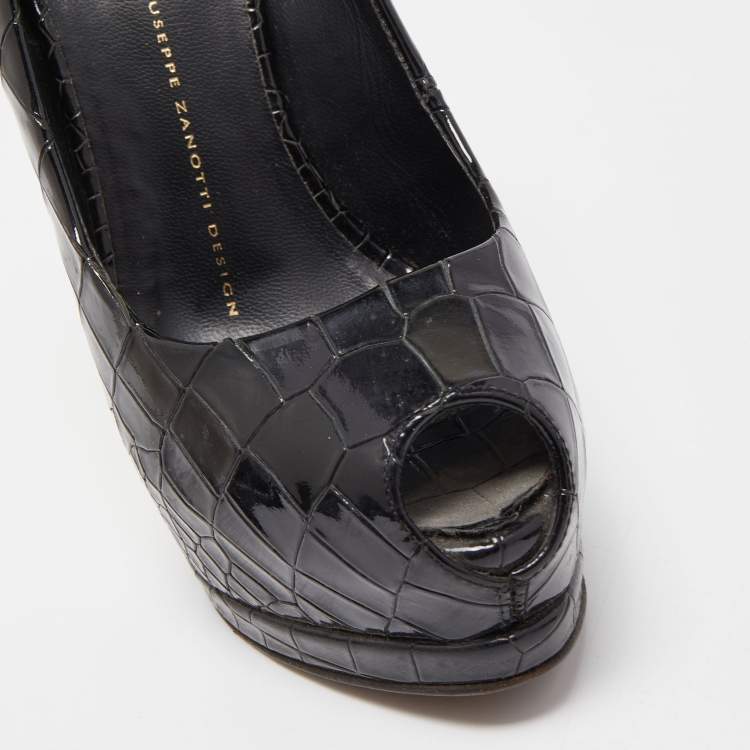 Pre Owned Giuseppe Zanotti Black Patent Croc Embossed Sharon Platform Peep Toe Pumps Size 37.5