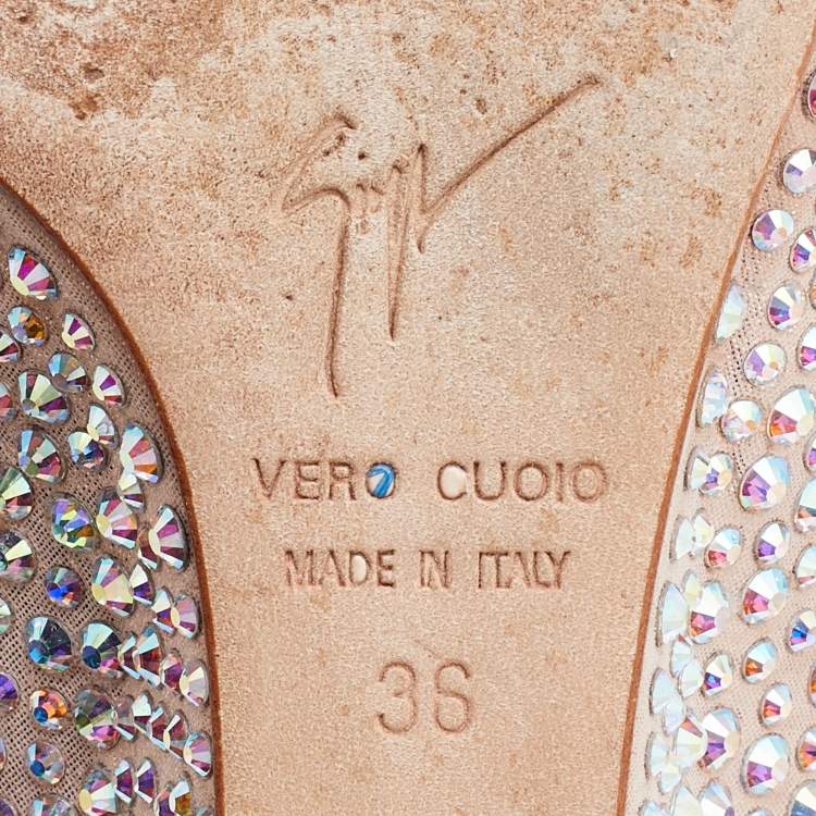 مملوكة مسبقًا Giuseppe Zanotti Metallic Peach Crystal Embellished Peep Toe Wedge Pumps Size 36