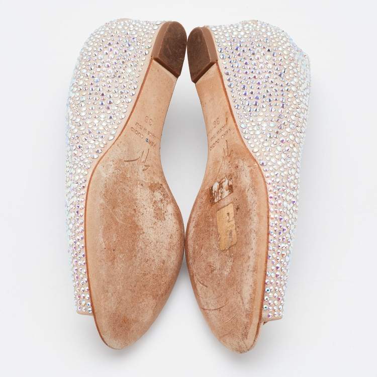 مملوكة مسبقًا Giuseppe Zanotti Metallic Peach Crystal Embellished Peep Toe Wedge Pumps Size 36