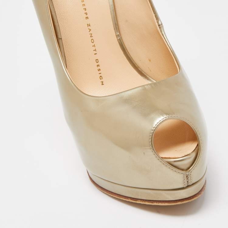 Pre Owned Giuseppe Zanotti Gold Leather Sharon Platform Peep Toe Pumps Size 38.5
