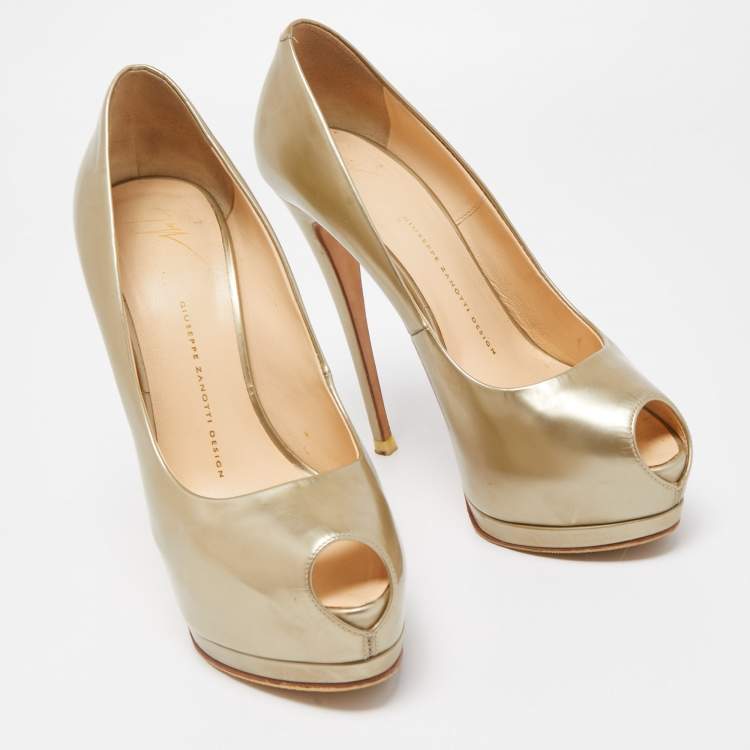 Pre Owned Giuseppe Zanotti Gold Leather Sharon Platform Peep Toe Pumps Size 38.5