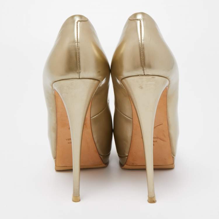 Pre Owned Giuseppe Zanotti Gold Leather Sharon Platform Peep Toe Pumps Size 38.5