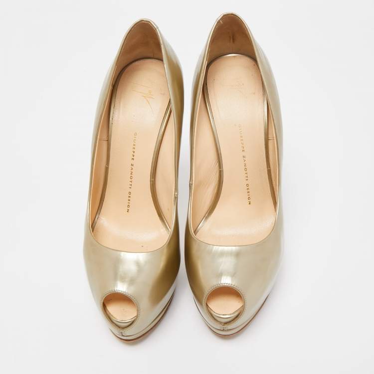Pre Owned Giuseppe Zanotti Gold Leather Sharon Platform Peep Toe Pumps Size 38.5