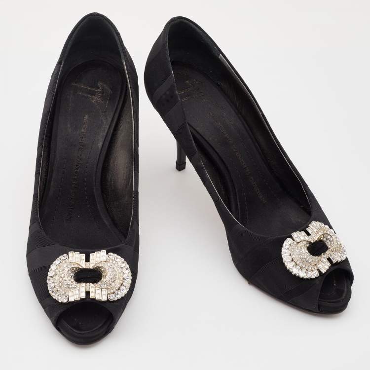 Pre Owned Giuseppe Zanotti Black Canvas Crystal Embellished Peep Toe Platform Pumps Size 37.5