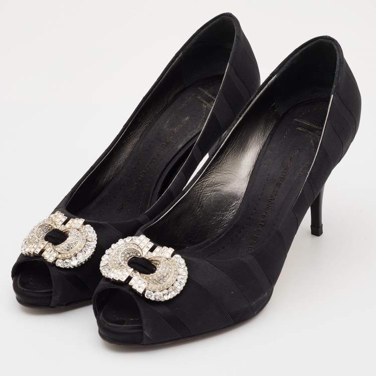 Pre Owned Giuseppe Zanotti Black Canvas Crystal Embellished Peep Toe Platform Pumps Size 37.5