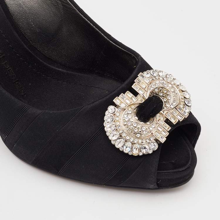 Pre Owned Giuseppe Zanotti Black Canvas Crystal Embellished Peep Toe Platform Pumps Size 37.5