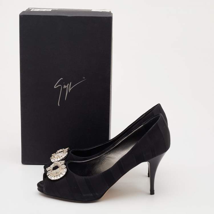 Pre Owned Giuseppe Zanotti Black Canvas Crystal Embellished Peep Toe Platform Pumps Size 37.5