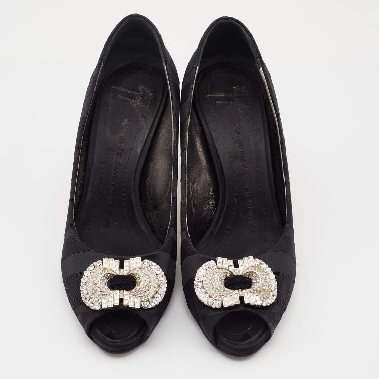 Pre Owned Giuseppe Zanotti Black Canvas Crystal Embellished Peep Toe Platform Pumps Size 37.5