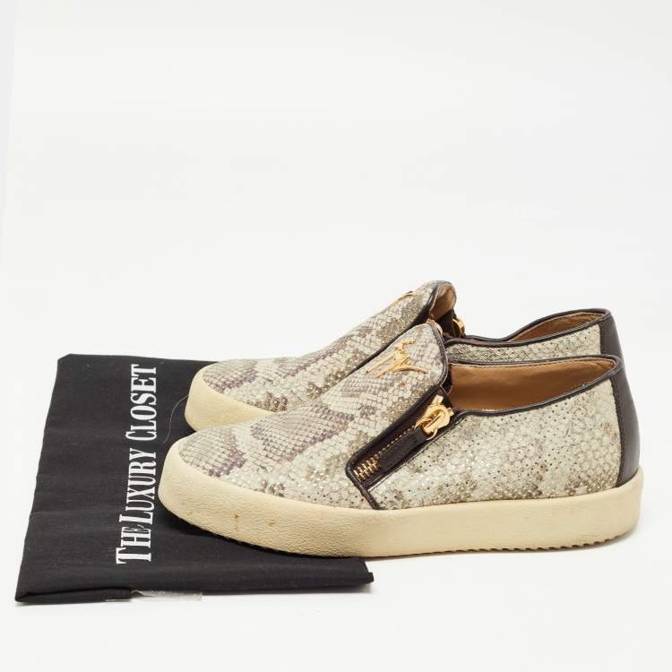 Pre Owned Giuseppe Zanotti Grey/Black Snakeskin Embossed Leather Zip Detail Sneakers Size 38