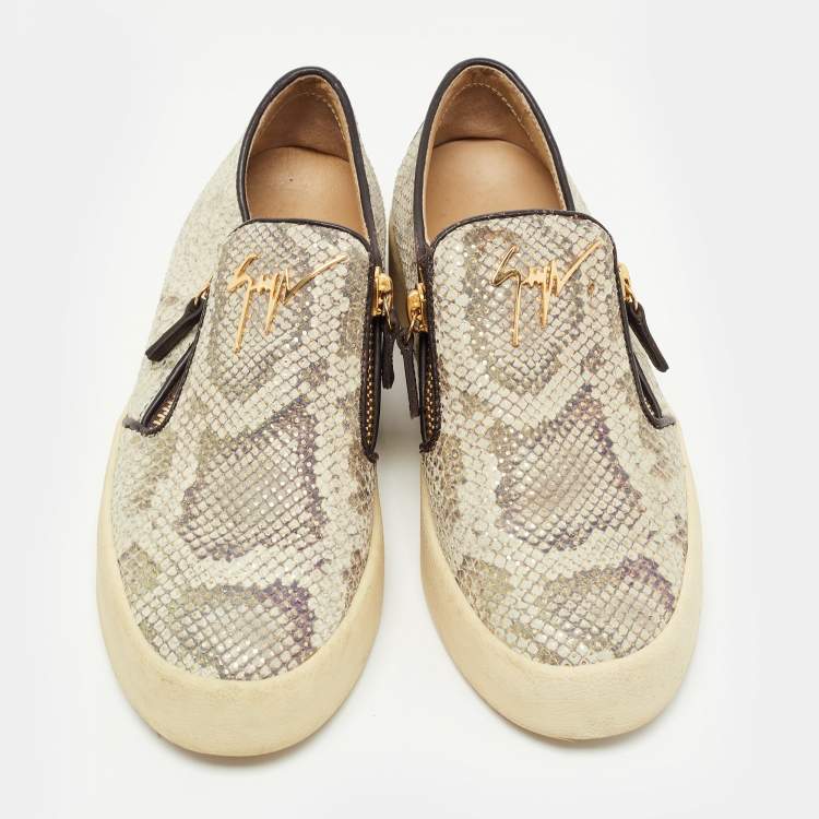 Pre Owned Giuseppe Zanotti Grey/Black Snakeskin Embossed Leather Zip Detail Sneakers Size 38